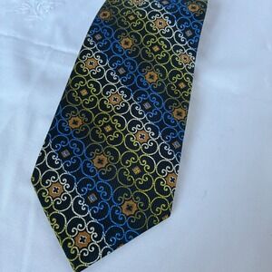 Giorgio Bissoni Mens Necktie Blue Gold Orange Geometric Scroll Medallion Pattern